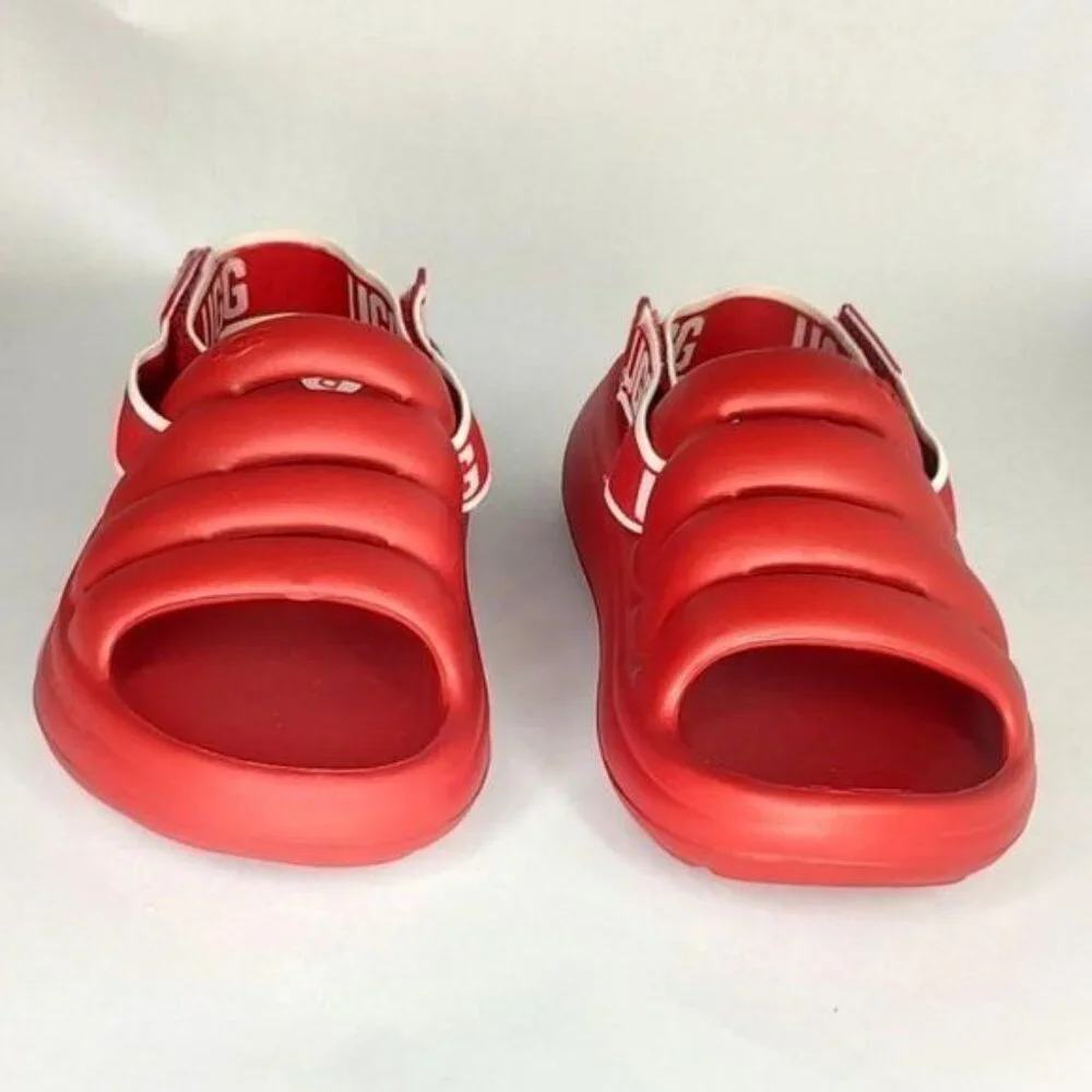 UGG Sport Yeah Sandals 9 Samba Red Slides logo Print Backstrap Resort Beach - Picture 4 of 10